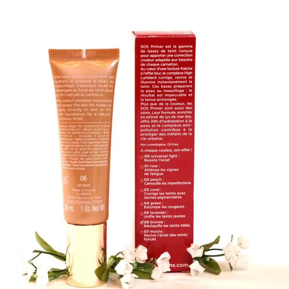 Clarins Glow Bundle SOS Bronze Primer + Red Shimmer Lip Perfector High Gloss NIB